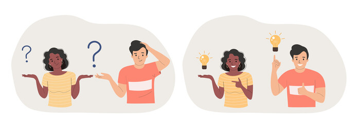 Young woman and man surrounded by a question mark and finding new idea. Shiny light bulb. Flat style cartoon vector illustration.