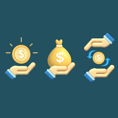 3D money concept vector icon set, money coin, money bag, money exchange and hand