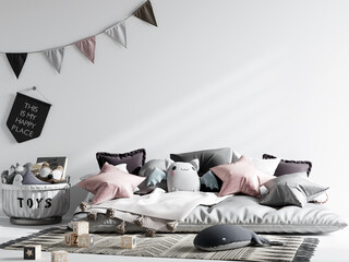 Kids room wall mockup, blank wall mockup, 3d render