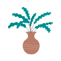 Decorative vase for home flowers. Pot with green plants. Object of a room interior. Ancient style and design. Flat vector illustration isolated on white background