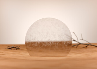 brown sand, misted glass, dry tree and snags in the middle of the desert, 3d mockup for product advertising