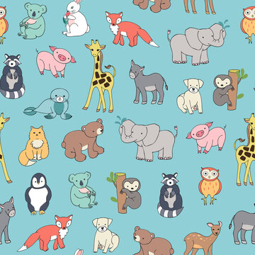 Animals: elephant, bear, giraffe, fox, dog, cat, pig, raccoon, sloth, donkey, owl vector seamless pattern 