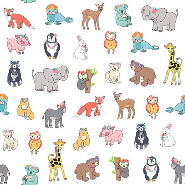 Animals: elephant, bear, giraffe, fox, dog, cat, pig, raccoon, sloth, donkey, owl vector seamless pattern 