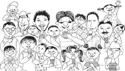 Vector outline large group of men and children eating ice cream