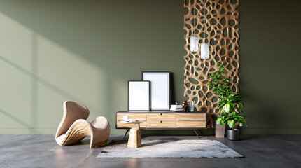 Mock-up interior design of a living room in a modern style. Polished concrete floor, green wall and wood paneling. Furnished with a cabinet with flowerpots and armchair. 3d rendering