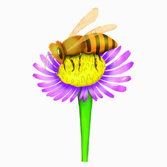 Bee pollinating a flower. Isolated stock vector illustration