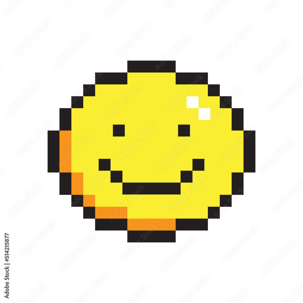 Poster vector illustration of cute pixel art smiling face icon. geek emoji element in the style of 90s game