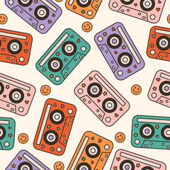 Seamless vector pattern with 90s audio cassettes. Background with cartoon music elements. Trendy oldschool texture