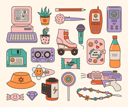 Vector set of cute 80s, 90s nostalgia stickers. Vintage computer, electronic game, cassette, water gun, film and other objects. Trendy old school graphic collection