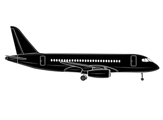 Black silhouette Vector illustration of an airplane in profile, isolate on a white background. Passenger plane. Traveling.