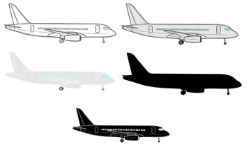Set of Vector illustration of an airplane in profile in isolate on a white background. Passenger plane. Traveling.
