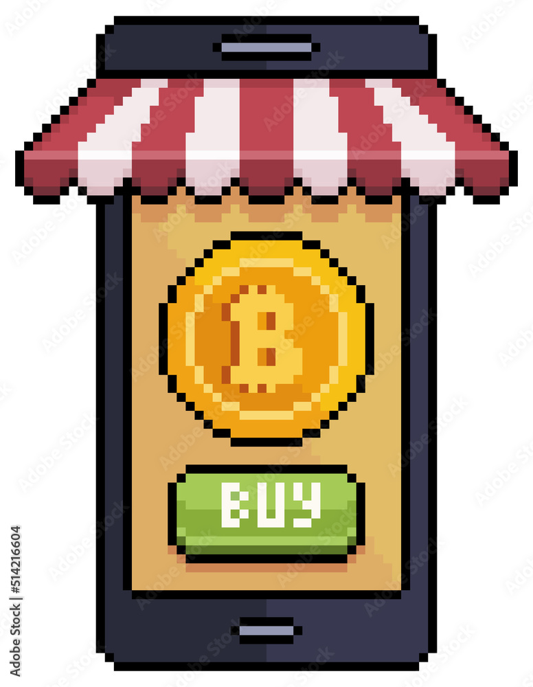 Poster pixel art buy bitcoin by mobile. cell phone with awning vector icon for 8bit game on white backgroun
