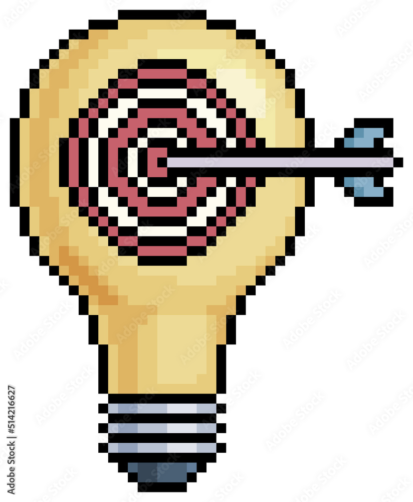Poster pixel art light bulb with arrow on target. idea and creativity concept symbol vector icon for 8bit g