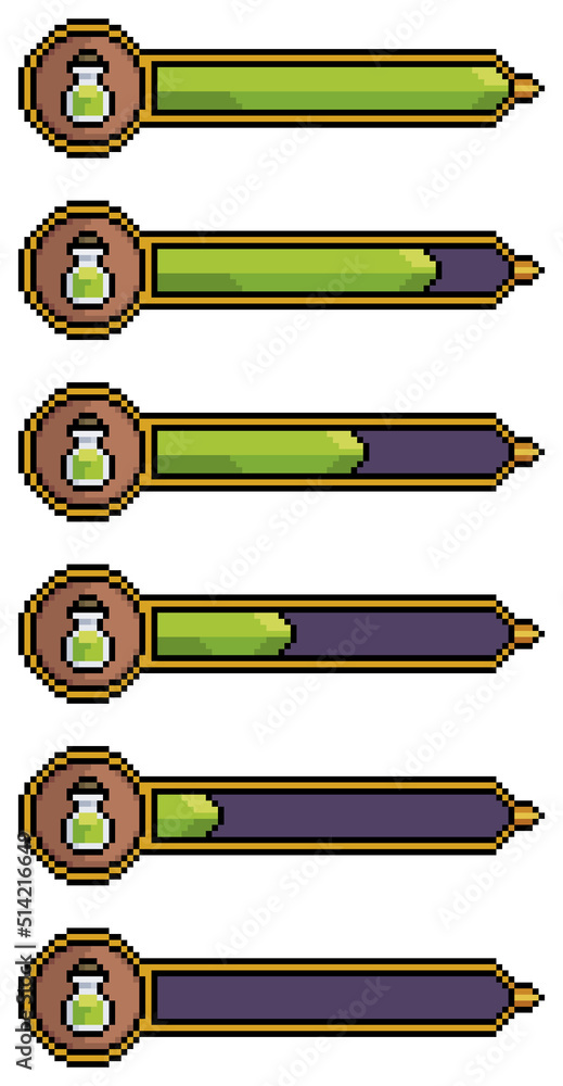 Poster pixel art elixir bar. green mana bar vector icon for 8bit game on white background