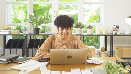 Business Asian american woman, person working from home, talking with computer notebook laptop on webcam video call conference screen in quarantine in corona virus. People lifestyle