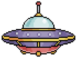 Pixel art alien spaceship. UFO 8 bit gaming vehicle on white background
