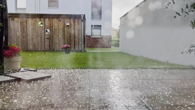 4K video of falling hailstones and rain on modern terras with flowers