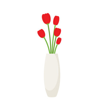 Vase with blooming flowers for decoration and interior. Beautiful red tulip flowers in ceramic vase isolated on white background. Vector stock