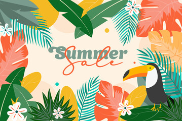 Naklejka premium Для ИнтернетаSummer tropical background with flowers, tropical leaves and toucans. The inscription Summer Sale on a background of tropical leaves. Summer Sale concept. Vector illustration