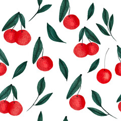 Hand Drawn Watercolour Red Cherry Seamless Pattern. Simple Botanic Fruit Print. Vector Illustration 