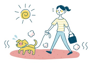 犬　散歩　アスファルト　熱中症　イラスト