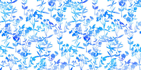 Watercolor blue flowers silhouette seamless pattern