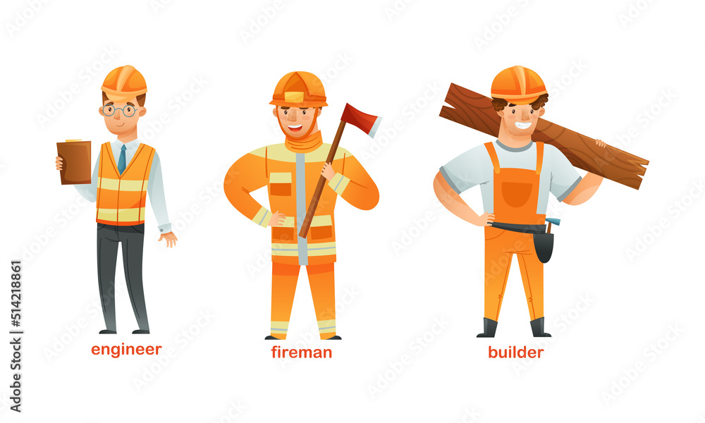 Poster man character of various professions with engineer, fireman and builder in uniform vector set