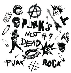 Vector black and white set of punk and anarchy symbols, skulls, guitars and typography design in the style of 70s punk rock style.