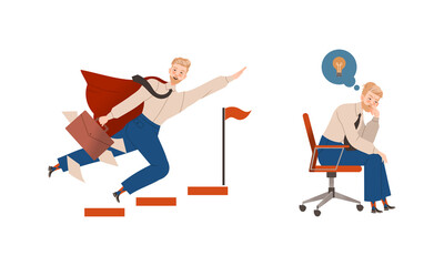Fototapeta premium Man Office Employee Character in Cloak Rushing Toward Goal and Sitting on Chair Thinking of Idea Vector Set