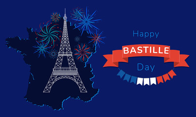 Happy Bastille Day, the French National Day poster and concept design. France independence day celebration card. Red, white, blue horizontal banner.Vector

