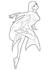 cute anime girl with long hair is flying. She is wearing a dress, stockings and shoes. She raised her hands like wings and smiles. 2d illustration