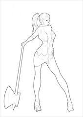 a girl in a skirt with an ax stands with her back. She is wearing a shirt and heels. Her hair is in a ponytail. 2d illustration