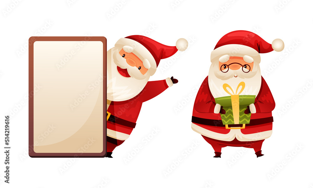 Poster santa claus character with white beard in red hat holding gift box and peeking from empty signboard 