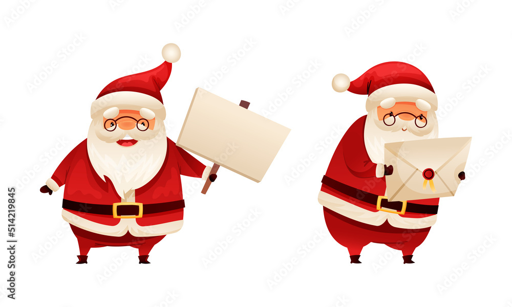 Poster santa claus character with white beard in red hat holding empty signboard and letter in envelope vec