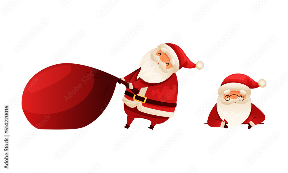 Poster santa claus character with white beard in red hat pulling huge sack with presents and peeking vector