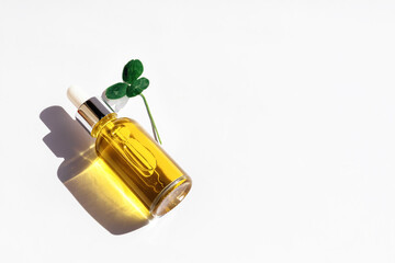 Dropper glass Bottle Mock-Up with metal lid, essential oil and leaf of healing clover lying on white background. Serum, cosmetics, massage oil. Natural light, beautiful orange shadows. Copy space
