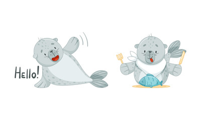 Cute Baby Seal Greeting Saying Hello and Ready to Eat Fish with Fork and Knife Vector Set