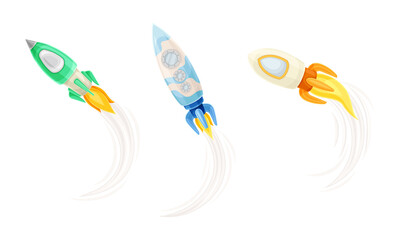Obraz premium Rocket as Spacecraft with Engine Exhaust Launching and Flying in Space Vector Set