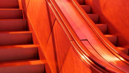 Escalator with bright red lighting, stairs, red light exterior moving staircase detail, closeup,...