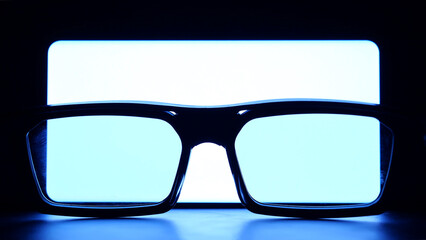 Glasses placed in front of a bright white smartphone screen. Mobile device, phone display glowing...