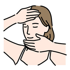 顔に手を当ててフェイシャルケアをしている若い女性
