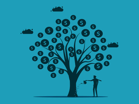 Money Tree. Take Care Of Watering The Money Tree. Finance And Investment Concept Vector Illustration