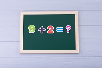 School board with magnetic numbers. Solving examples. Math for kids