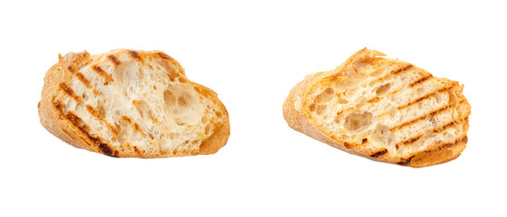 Two pieces of traditional italian bread grilled bruschetta isolated on white.