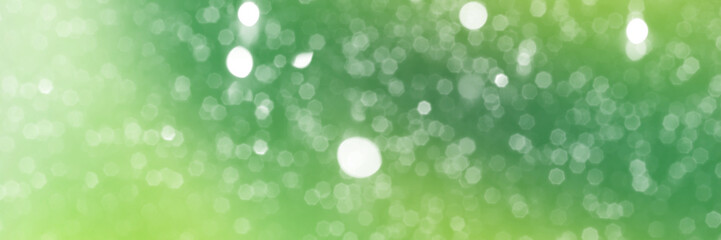 Summer green sparkling glitter bokeh background, banner texture. Abstract defocused lights header. Wide screen wallpaper. Panoramic web banner with copy space for design