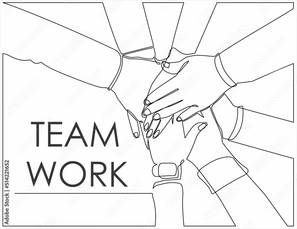 Poster continuous one line drawing of partners with stack of hands showing unity and teamwork, top view. ca