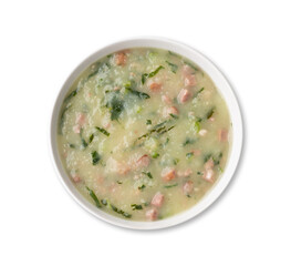 Traditional portuguese green soup with potato, green cabbage and sausage in a bowl isolated over white background