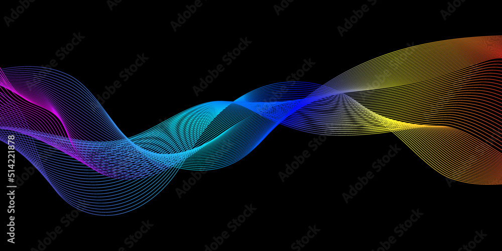 Poster Futuristic colorful background. Backdrop with lines and waves. Abstract light flowing isolated on black background for concept of music, sound, technology, energy, modern, science.