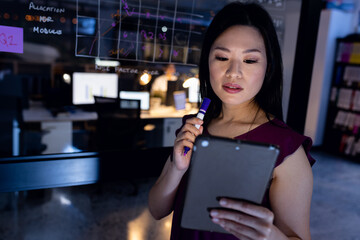 Serious asian businesswoman using digital tablet while writing on glass wall in office at night