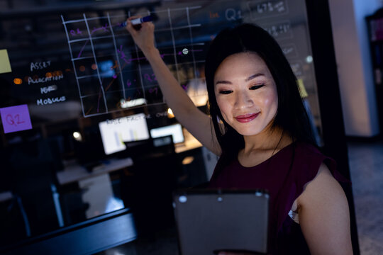 Asian female professional with digital tablet drawing performance graph on glass wall in office